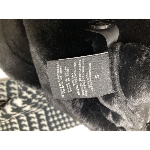Ike Behar Hooded Houndstooth Coat Black White Fur lining Size Small Fleece - Picture 4 of 8